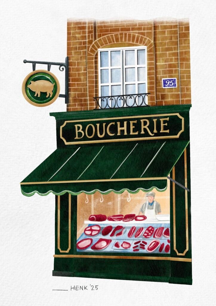 Illustration of a French butcher shop with a dark green awning and a gold-lettered sign reading “Boucherie.” A round hanging sign with a pig silhouette is displayed on the left. Through the shop window, various cuts of meat are arranged on the counter, and a butcher stands behind them. Above the shop is a brick facade with a window and the house number 95.